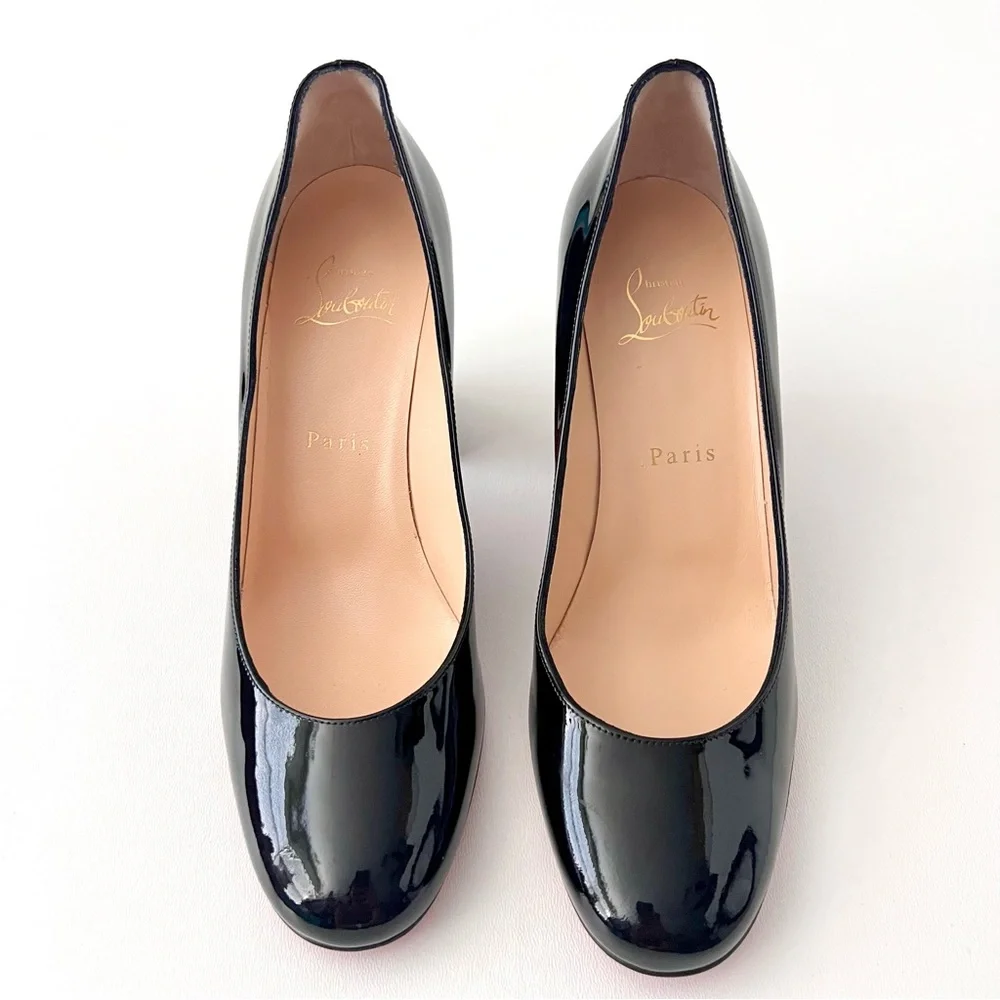 CHRISTIAN LOUBOUTIN | Miss Sab Black Patent Leather Block Heel Pumps 37.5 US 7.5 - Picture 5 of 16